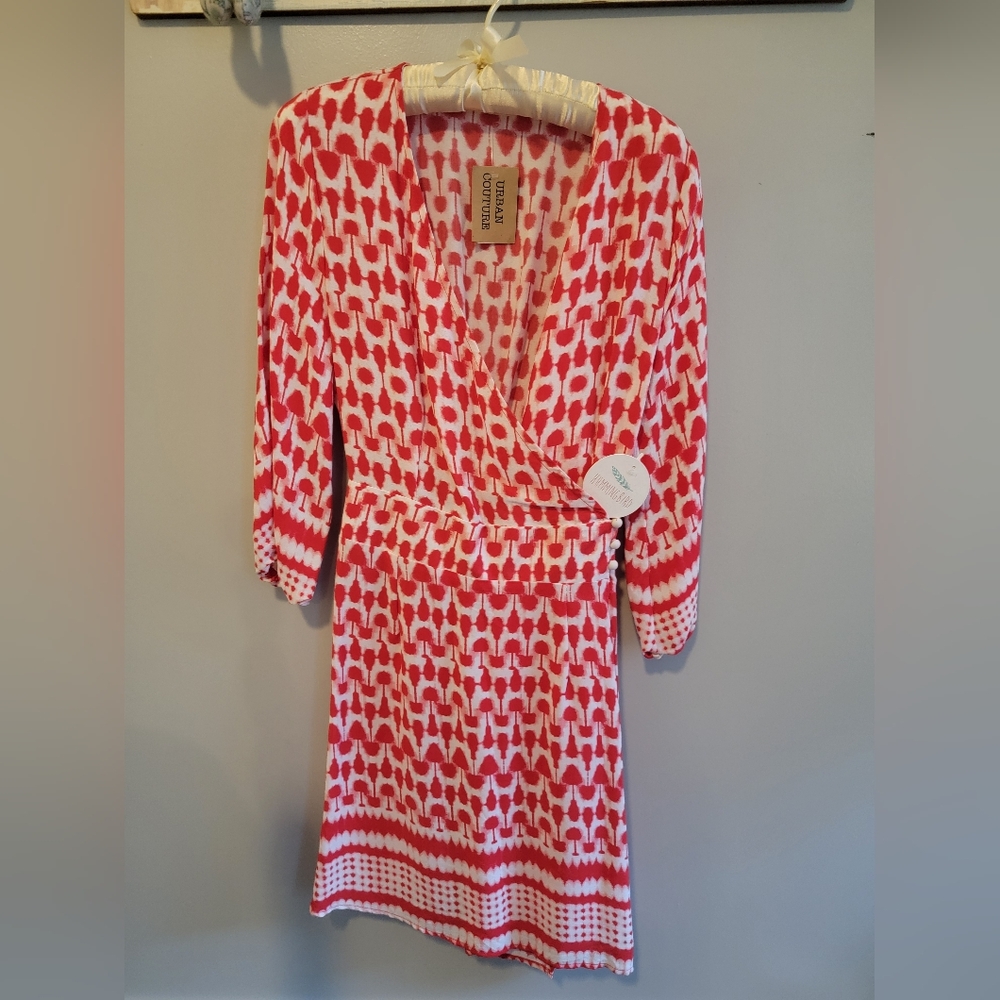 Hummingbird faux wrap red and white dress size S
